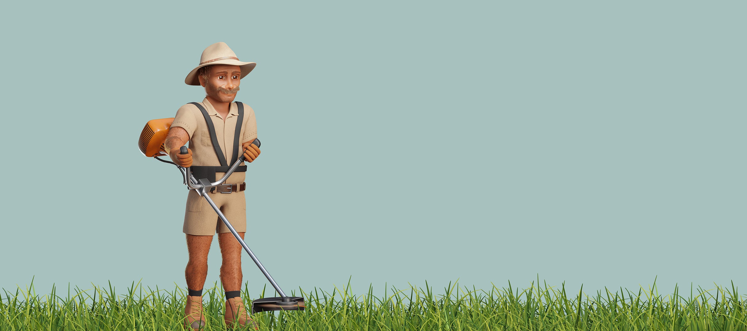 3D character of Davo trimming grass